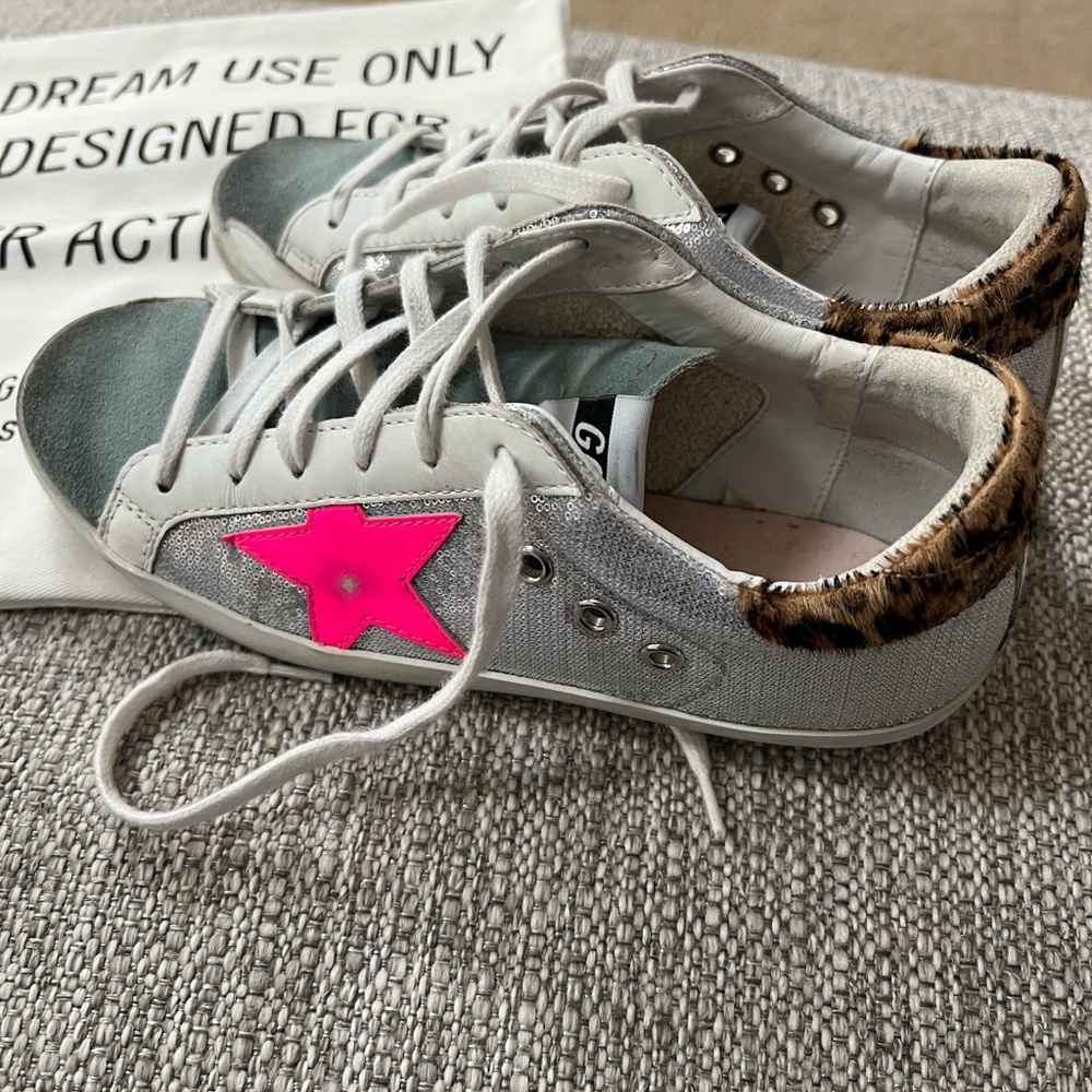 Womens Golden Goose pink star, suede light green toe, horsey hair leopard heel!